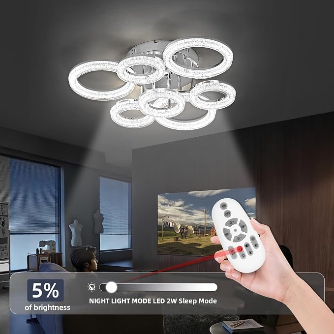 Modern Ceiling Light, 7 Rings 23'' Dimmable LED 106W Flush Mount Ceiling Lights with Remote Acrylic Crystal Round Ceiling Light Fixture, Bedroom Living Room Dining Room, Chrome - Image 7