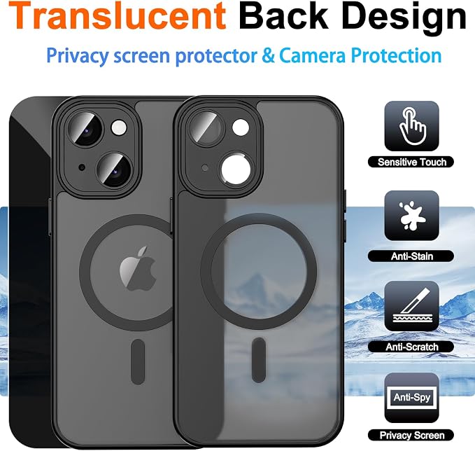 for iPhone 15 Case with Privacy Screen Protector, Black | Full Camera Protection, Translucent Matte Magnetic, Compatible with MagSafe, Shockproof Phone Cover, Slim Fit - Image 2