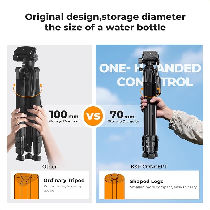 K&F CONCEPT 68" Camera Tripod Lightweight Portable DSLR Tripods | Camera Phone Video Recording Tripod Stand, Cellphone Clip for Smartphone Live Streaming Vlog. S254A3+BV01 - Image 2