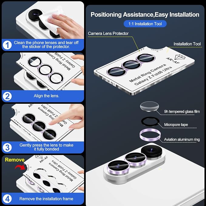 for Samsung Galaxy Z Fold 8 Ultra Camera Lens Protector, Individual Metal Ring Tempered Glass Lens Cover, [Strong Adsorption] Scratch Resistant Ultra-Thin HD Clear Lens Cover, 1 Set-Purple Ring - Image 7