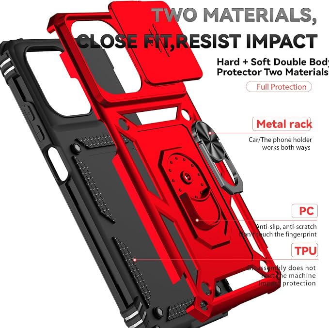 for Motorola Moto G 2025 / Moto G 2026 / Moto G Play 2026 Case, with Slide Camera Cover HD Screen Protector [Military Grade 16ft. Drop Tested] Ring Holder Kickstand Protective Phone Case, Red - Image 8