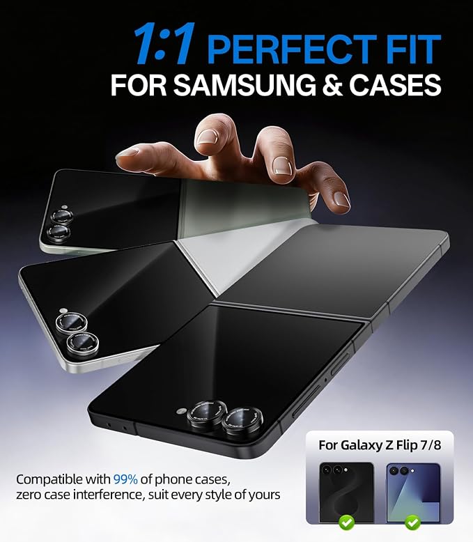 HelloDeere for Samsung Galaxy Z Flip 8 Camera Lens Protector, Military-Grade 9H+ Tempered Glass with AR Optical Tech HD Anti-Glare Anti-Scratch Metal Individual Ring Easy Install Case Friendly, Black - Image 6