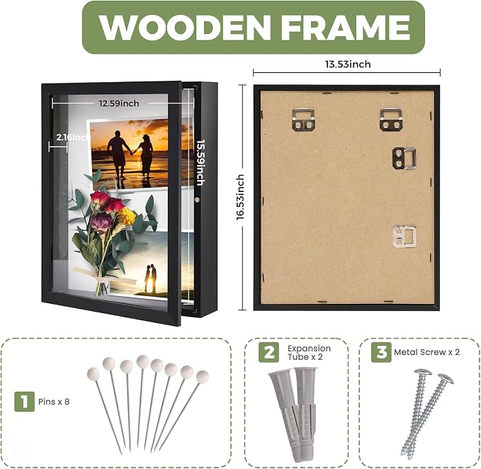 Muzilife 13x16 Shadow Box Wood Picture Frame, 2.16 Deep, Real Glass, Black | FSC-Wood, Magnetic Door, Linen Interior & Pins, Vertical, Horizontal Wall Hanging, Display Case Frame for Photos & Keepsakes - Image 3