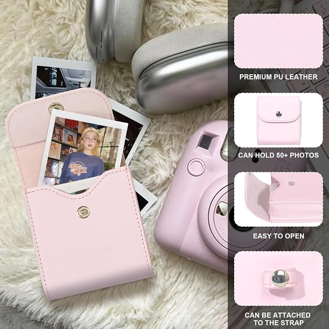 CAIYOULE Square Photo Pouch for Fujifilm Instax SQ Films, Pink | PU Picture Holder Case for Fujifilm Instax SQ1/40/20/10/6/SP-3 2.9x3.4" Film, Photo Storage Pocket, Can hold 50+ SQ Photos - Image 3