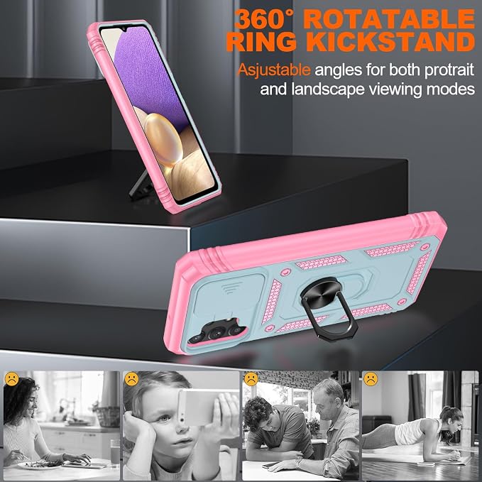 Gritup for Galaxy A32 5G Case Military-Grade Shockproof with Kickstand | with 2 PCS Screen Protector, Slide Camera Cover, Heavy Duty Outdoor Protection Funda para Galaxy A 32 Cover-Green+Pink - Image 7