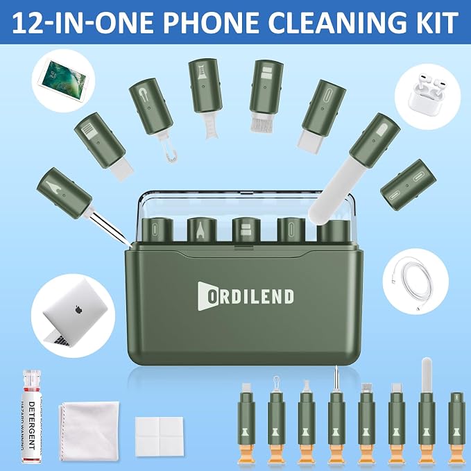 iPhone Cleaning Kit for Charging Port Cleaner AirPod Phone, Army Green | Multi-Tool, iPhone Cleaner, Repair Lightning Cable USB C Speaker Charger iPad Connector, Compact Portable, with Storage Case - Image 2