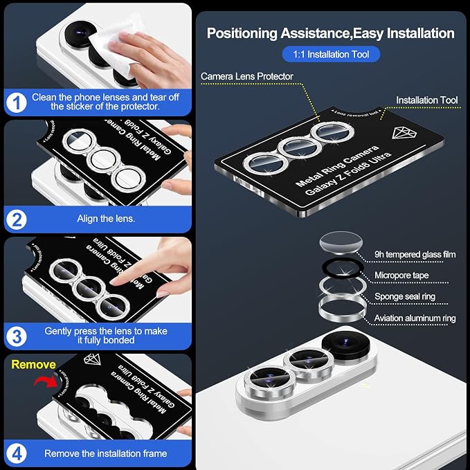 for Samsung Galaxy Z Fold 8 Ultra Camera Lens Protector, Individual Metal Ring Tempered Glass Lens Cover, [Strong Adsorption] Scratch Resistant Ultra-Thin HD Clear Lens Cover, 1 Set-Silvery Sparkly - Image 7