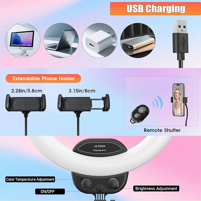 14'' Selfie Ring Light with 63'' Tripod Stand & Phone Holder, Dimmable LED Phone Ring Light for Video Recording/Live Streaming/Makeup/YouTube/TikTok, Circle Light with Remote for Phone&Camera - Image 6