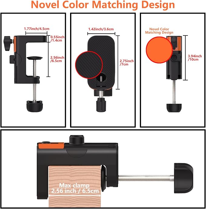 Table Clamp Mount for Microphone Stand, 2-in-1 Mic Boom Arm Clamp Table C Clip for Desktop Overhead Camera Tripod Mic Stand Lamp Base, Fits Up to 2.56 inch 6.5cm Desktop Thickness, 1 PCS - Image 6