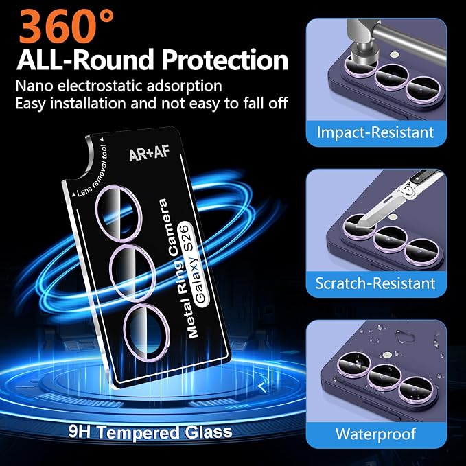 for Samsung Galaxy S26 Camera Lens Protector, Individual Metal Ring Tempered Glass Lens Cover, [Strong Adsorption] Scratch Resistant Ultra-Thin HD Clear Lens Cover, 1 Set-Purple Ring - Image 2
