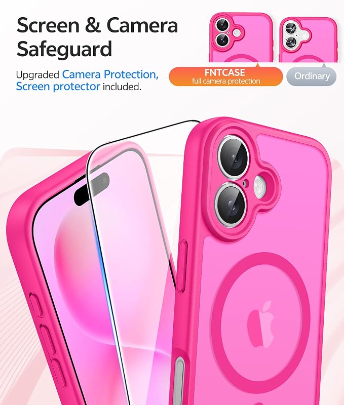 FNTCASE for iPhone 16 Plus Case, Fit for Magsafe, Screen Protector Hot Pink | Full Camera Protection, Translucent Matte, 14FT Military Grade Drop Proof, Shockproof Protective Phone Cover, Hot Pink - Image 4