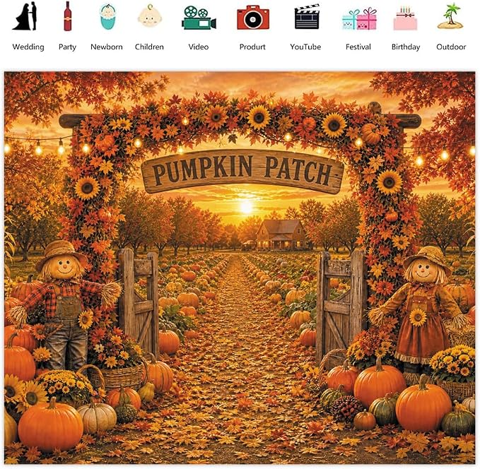 Fall Pumpkin Patch Backdrop 8x8ft Thanksgiving Autumn Harvest Scarecrow Sunflower Photography Background Fall Pumpkin Leaves Theme Baby Shower Party Decorations Photo Booth Props Vinyl - Image 2