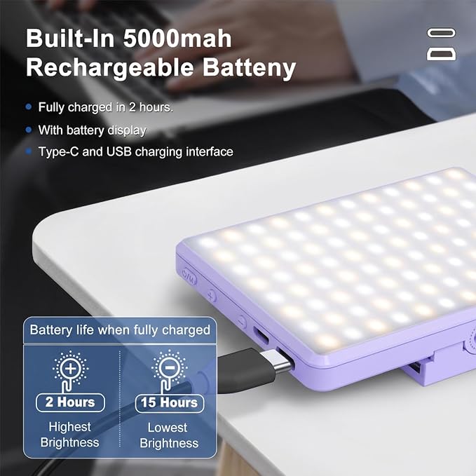 Selfie Light, Phone Light with Front & Back Clip, 60 LED Portable Light with 3 Modes, 5000mAh Rechargeable Video Light for Phone, iPhone, IPad, Laptop, TikTok, Makeup, Live Stream, Vlog(Purple) - Image 5