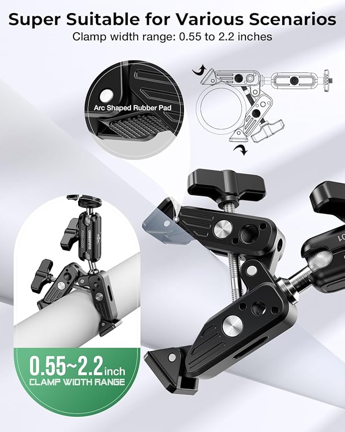 CAMBOFOTO Super Clamp Camera Clamp Mount, 360° Dual Ball Head Magic Arm | Action Camera Adapter & Phone Holder Included, 1/4" & 3/8" Threads for DSLR/GoPro/Lights/Insta360/Tripod/Desk/Handlebar/Pole - Image 5