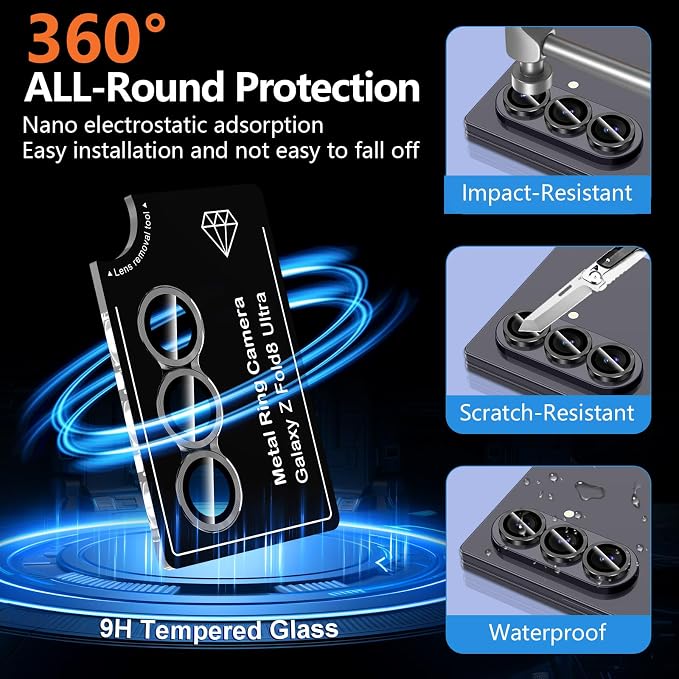 for Samsung Galaxy Z Fold 8 Ultra Camera Lens Protector, Individual Metal Ring Tempered Glass Lens Cover, [Strong Adsorption] Scratch Resistant Ultra-Thin HD Clear Lens Cover, 1 Set-Black - Image 2