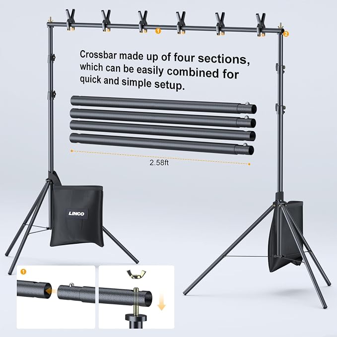 LINCO Lincostore Backdrop Stand Kit 10x7ft for Photography | Adjustable back drop holder frame with clamps, sand bags, carry bag for party, event decoration, wedding & photo studio - Image 4