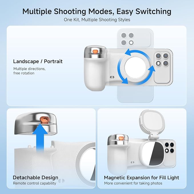Magnetic Selfie Light & Phone Camera Grip with Detachable Wireless Shutter, Ergonomic Fun Shot Grip for iPhone & Android, Supports Native Camera, Tripod Mount, Portable Creator Kit - Image 5
