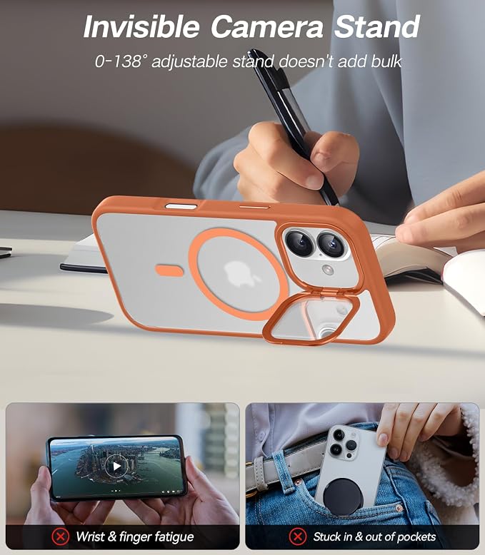 VOFATA [Upgraded Full Camera Protection] for iPhone 17 Case with Camera Cover Stand [Fit for MagSafe][10FT Mil-Grade Protection] Translucent Magnetic iPhone 17 Phone Case, Orange - Image 4