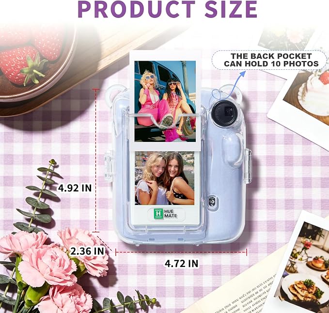 Clear Camera Case for Fujifilm Instax Mini 12, Blue Camera Strap | Protective Cover with Anti-Accidental Shutter, 4 Composition Cards, Photo Storage Holds 10 Films, Clear Hard Shell, No Camera - Image 3