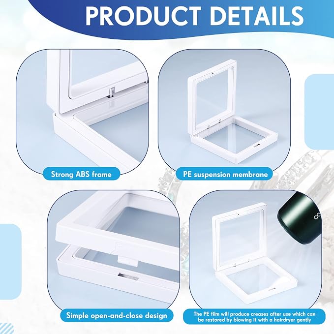 FairySandy 60 Pcs Floating Display Case Box, 3.5 Inch, White | 3D Floating Frames with PE Film for Challenge Coin, medal, Jewelry Storage Box, Small Display Holder, Stand Base Included - Image 4