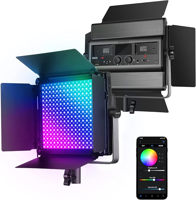 NEEWER RGB1200 RGB LED Video Light Panel with APP/2.4G Control, 60W Studio Photography Lighting 22000Lux@0.5m/1% Precise Min Dimming/360° Full Color/ CRI97+/TLCI98+/2500K-8500K/18 Effect with Barndoor by Neewer