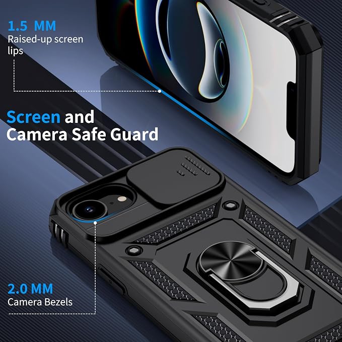 for iPhone 17e Case & iPhone 16e Case with 2X HD Screen Protector & Slide Camera Cover & Rotated Ring Kickstand, Rugged Heavy Duty Protective Phone Case for iPhone 17e/16e 6.1 inch, Black - Image 6