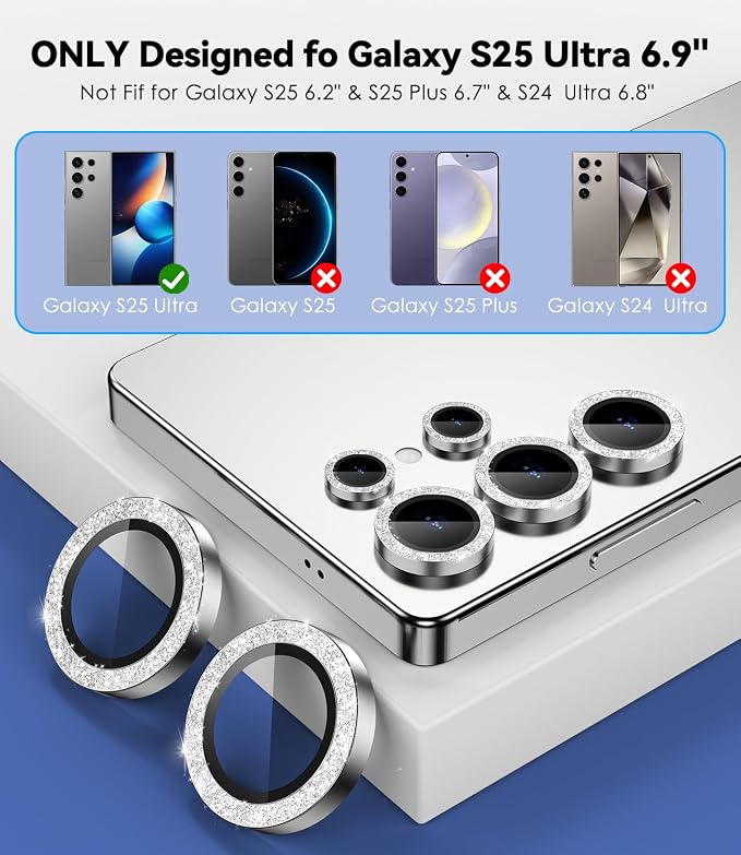 CloudValley for Samsung Galaxy S25 Ultra Camera Lens Protector Bling | 9H Tempered Glass + Aluminum Alloy Lens Protective [Glitter Decoration] Ultra-HD Camera Cover,Glitter Titanium Whitesilver - Image 6