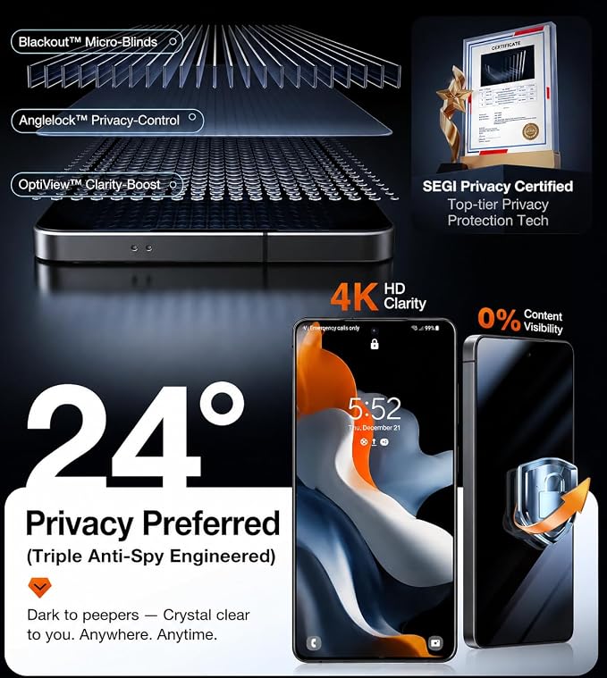 2 Pack for S25 Ultra Privacy Screen Protector Tempered Glass | True 24°Anti Spy, Fingerprint Compatible, 9H Hardness Military Grade Shatterproof, Auto Dust-Elimination - Image 2
