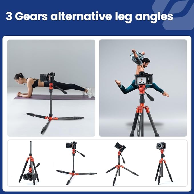 Fotopro 59" Carbon Fiber Travel Tripod, Compact Video Tripods with Fluid Head, Detachable Monopod with Arca-Swiss Quick Release Plate and Bag, Camera Tripod Load up to 8KG/17.63lbs, Orange - Image 7