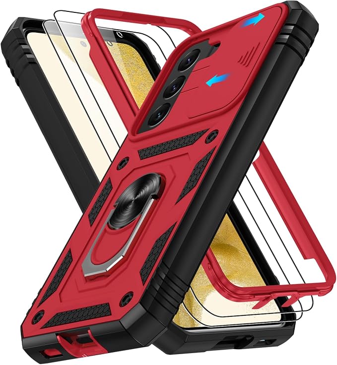 Gritup for Samsung Galaxy S22 Case with Slide Camera Cover & Screen Protector*2, 360 Rotating Ring Kickstand, Military Grade Protective Case for S22 Phone, Red+Black by Gritup