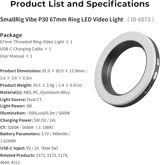 SmallRig Vibe P30 67mm Ring LED Video Light, Compact Size Bi-Color Light | with High CRI ≥90, Compatible with 67mm Phone Mounts/Cases/Lenses, for Content Creation, Live Streaming, 4873 - Image 9