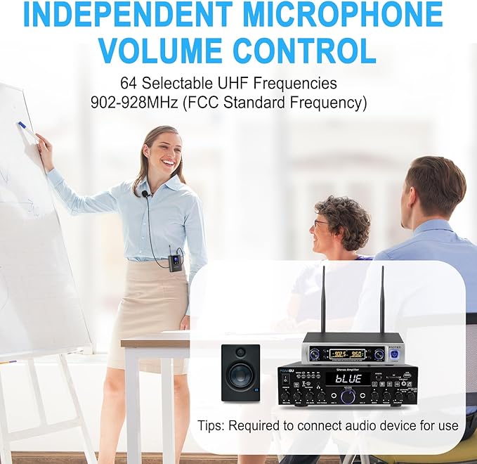 HOTEC UHF Wireless Microphone System with Dual Lapel/Lavalier and Headset Microphones Over PA, Mixer, Speaker, Karaoke Machine for Church, Training, Classroom, Interview (H-K25) - Image 2