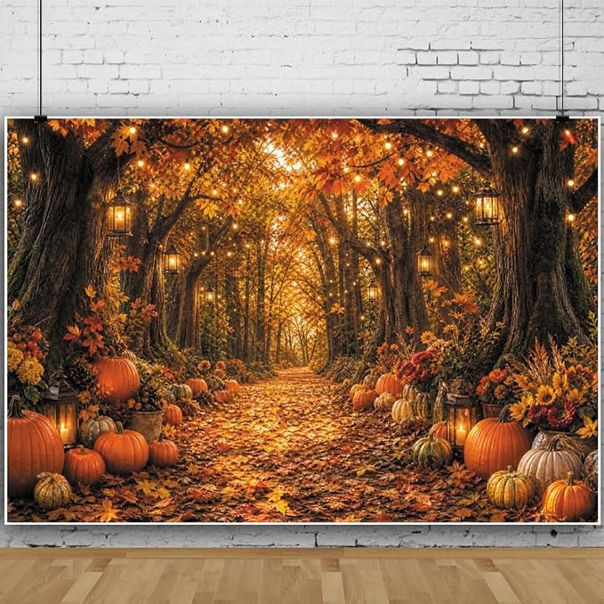 Fall Autumn Forest Photography Backdrop 12x10ft Autumn Woodland Pumpkin Maple Leaves Background Fall Thanksgiving Orange Flowers Seasonal Party Decorations Banner Vinyl by Leowefowa