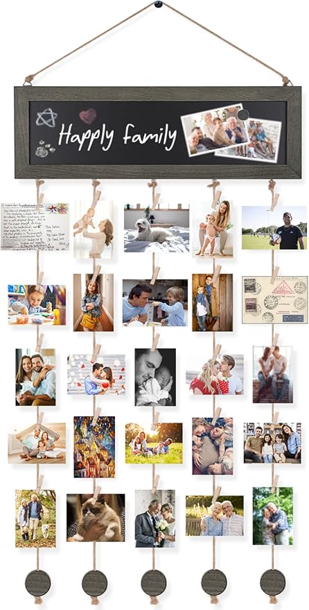 Bikoney Hanging Picture Frame Collage with Blackboard - Weathered Grey | Rustic Wood Polaroid Board with 30 Clips, Photo Display for Wall Decor & Dorm Room, Perfect Graduation Gift Idea by Bikoney