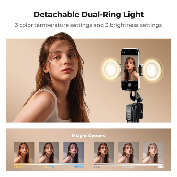 K&F CONCEPT 71“ Auto Face Tracking Tripod | 360° Rotation, 2 Fill Lights, Remote Control, for Vlogging, Live Streaming, Compatible with iPhone Android Pocket 4/3, X106 - Image 4