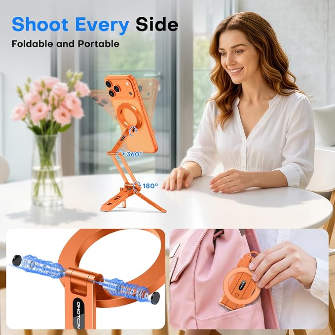 OMOTON TP06-E [3-Adjust] Sturdy Magnetic Phone Tripod for iPhone 17 Pro Max | Aluminium Phone Stand for MagSafe with Hook 1/4" Screw& Arca, Travel Essentials Gift for Vlog, Creators, Live, Orange - Image 7