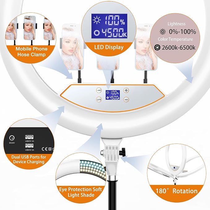MACTREM White 22" Ring Light for iPad iPhone with 75" Tripod Stand Barber | LCDisplay,2 Usb Ports, Fits Ipad/Tablet 12.9", 2600k-6500k Color Temperature, For Barber/Tattoo Tiktok Video Recording Vlog - Image 2