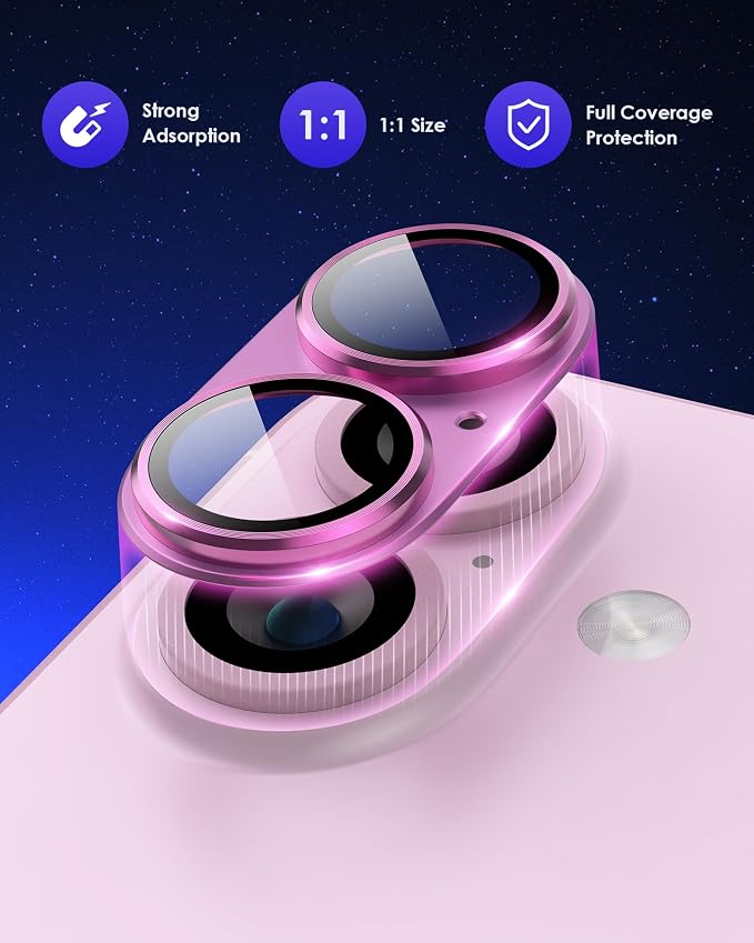 Compatible for iPhone 17 /iPhone 16 /iPhone 16 Plus Camera Lens Protector Metal Plus Aluminium Alloy Ring 9H Tempered Glass Screen Case Friendly Camera Cover Pink - Image 2