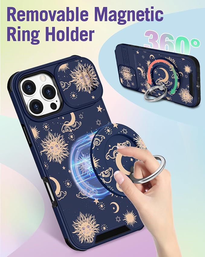 Buleens for iPhone 16 Pro Case 6.3 Inch - with Ring Stand & Camera Cover Aesthetic Cute Designed for Women Girls Girly Kawaii Sun Moon Stars Unique Phone Case for iPhone 16 Pro Compatible with Magsafe - Image 5
