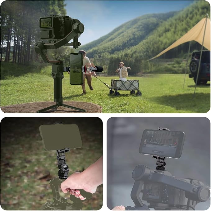 NEEWER Metal Phone Tripod Mount with Cold Shoe NATO Clamp Compatible with DJI RS5 RS4 RS3 Pro RS2 RSC2 Gimbal Stabilizer, 180° Tilt Phone Clip Holder Compatible with iPhone 15 Pro Camera Cage, GA010 - Image 7