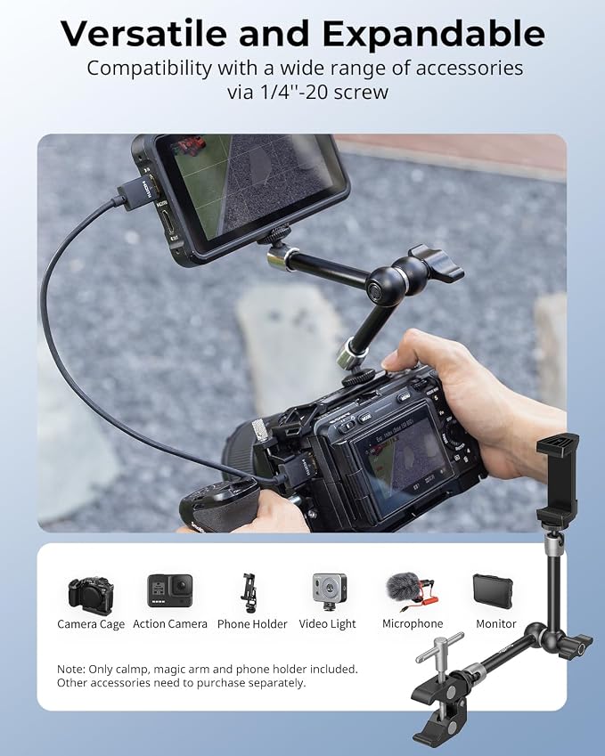 SMALLRIG Magic Arm Clamp w/ 1/4 and 3/8 Thread Holes, 9.8 Inches Adjustable | Articulating Magic Arm with Phone Holder for Action Cameras, Smartphones, LCD Monitor/LED Lights - 5326 - Image 4