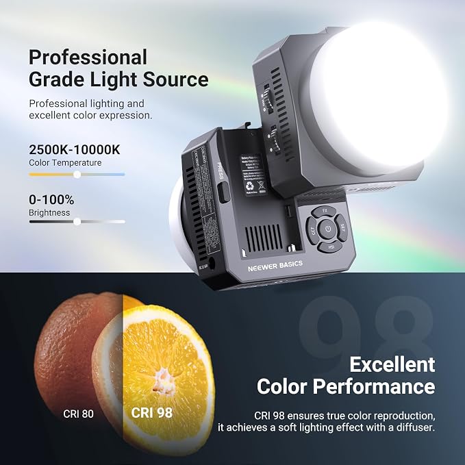 NEEWER Basics 28W Full RGB Pocket LED Video Light, Dimmable COB Studio Continuous Output Lighting for Photography Video Recording Vlog Streaming, 6000lux/0.5m 2500K–10000K CRI98 20 Scenes, HL28C - Image 5