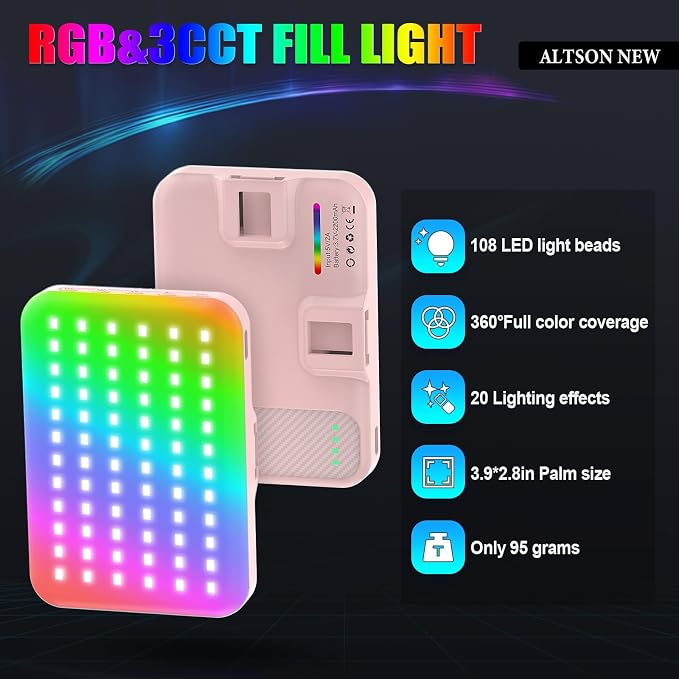 108 RGB Video Light, 2200mAh Camera Light with 3CCT/ 360° Full Color/20 Lighting Effects, 2500-6500K LED Selfie Light for iPhone-CRI 97+, Portable Phone Light for Party, Photography, Streaming (Pink) - Image 2
