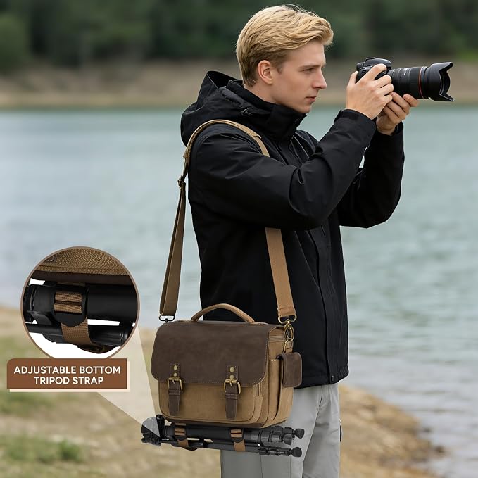 RAINSMORE Camera Bag, Vintage Canvas Camera Sling Bag Crossbody Camera Case | Water-resistant DSLR SLR Mirrorless Camera Bag for Photographer with Rain Cover & Tripod Holder for Sony Canon Nikon Fujifilm - Image 7
