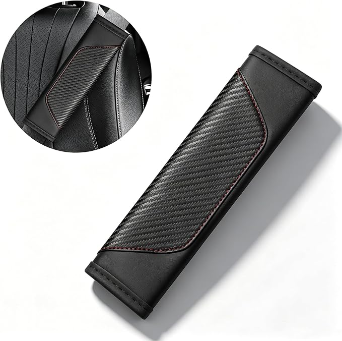 Carbon Fiber PU Leather Seat Belt Covers - 2Pcs, Black with Red Stitching Sporty Seat Belt Pads, Universal Fit - Image 4