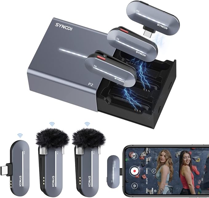 SYNCO Wireless Lavalier Microphone, 2 Mics for iPhone 15/16/17 Pro Max, USB-C Lapel Mic with Noise Cancellation, Charging Case, 150m Range, Real-Time Monitoring for TikTok, YouTube, Vlog & Streaming by SYNCO