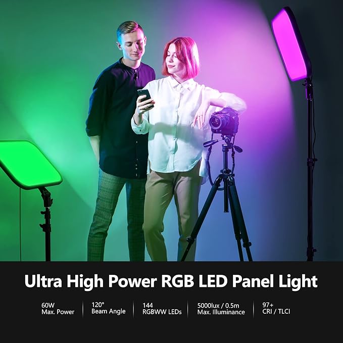 NEEWER RGB168 18.3" RGB LED Video Panel Light with App Control | Bluetooth, 2 Pack Tripod Stand Kit, 60W, 360° Full Color, 2500K-8500K, CRI97+, for Studio Photography YouTube Game Streaming - Image 2