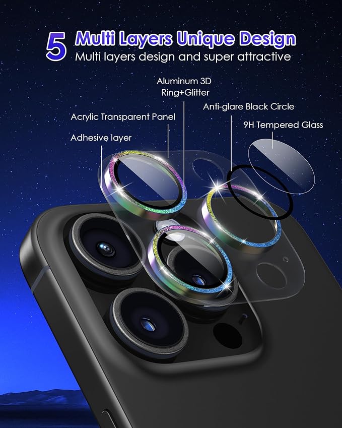 Compatible for iPhone 16 Pro Max/iPhone 16 Pro/iPhone 14 Pro/iPhone 14 Pro Max Camera Lens Protector Glitter, Clear 9H Tempered Glass Glitter Silver+Silver - Image 3