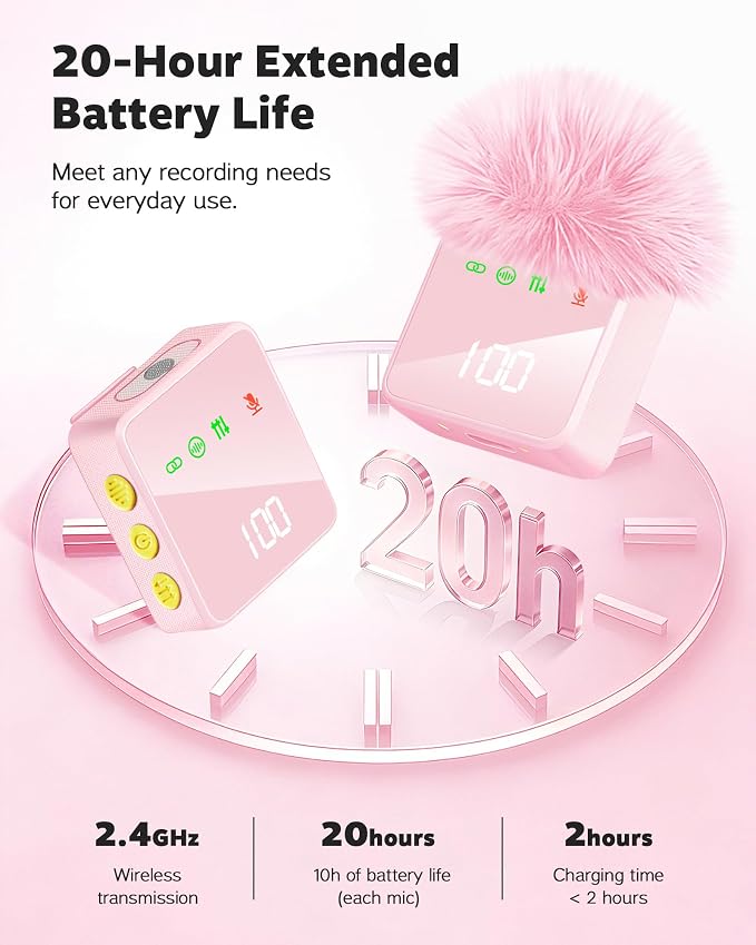 3 in 1 Wireless Lavalier Microphone for iPhone Android Camera-Pink | Mini Mic with Digital Display & Noise Reduction, 20H Battery Life, Mics for Video Recording, TikTok, YouTube, Vlogging - Image 3