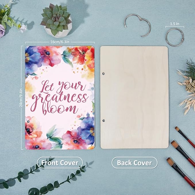 SUPERDANT Let Your Greatness Bloom Wooden Loose Leaf Watercolor Floral Design Journal Card Keeper Motivational Text Planner Card Holder Elegant Greeting Card Organizer Photo Album with 2-Rings - Image 3